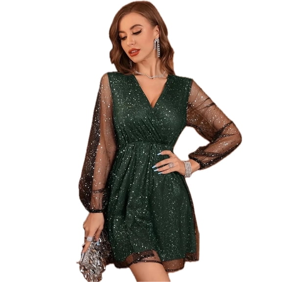 Women's Glitter Surplice Long Sleeve Mini Dress 100% Polyester Sheer Sparkle Party Dress for Women Evening Party Glow