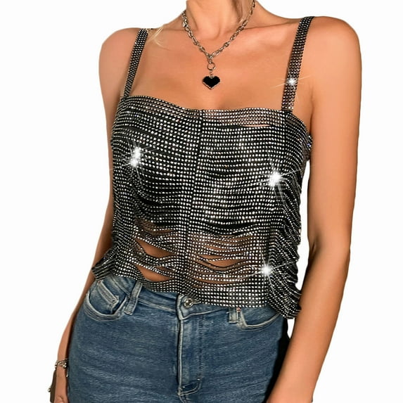 Women's Glitter Suspender Tops Sparkle Crystal Rhinestone Chain Crop Top Metal Sequin Club Party Rave Nightclub Outfit Black Free Size