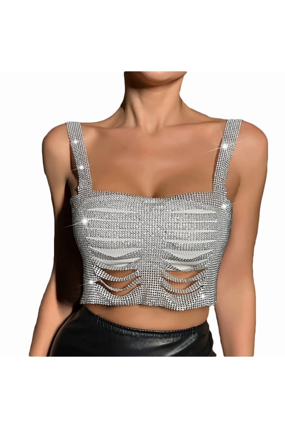 Women's Glitter Suspender Tops Sparkle Crystal Rhinestone Chain Crop Top Metal Sequin Club Party Rave Nightclub Outfit Silver XS