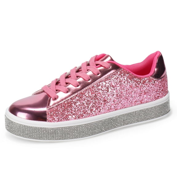 Women's Glitter Tennis Sneakers Neon Dressy Sparkly Sneakers Rhinestone Bling Wedding Bridal Shoes Shiny Sequin Shoes Pink Size 6