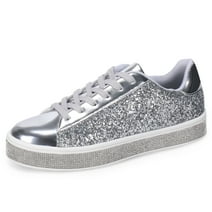 Women's Glitter Tennis Sneakers Neon Dressy Sparkly Sneakers Rhinestone Bling Wedding Bridal Shoes Shiny Sequin Shoes Silver Size 10