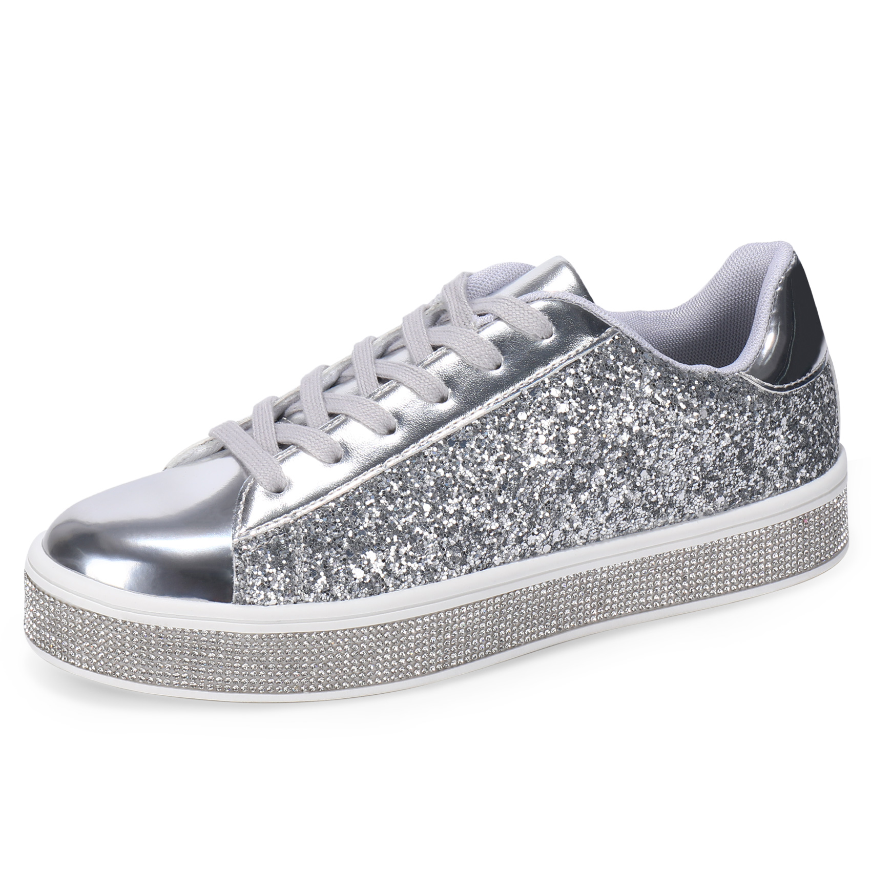 UUBARIS Women's Glitter Tennis Sneakers, Silver Sequin Bridal Shoes ...