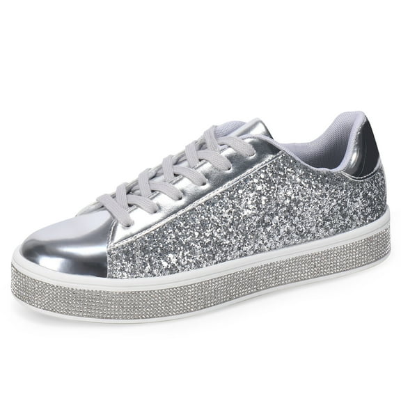 Women's Glitter Tennis Sneakers Neon Dressy Sparkly Sneakers Rhinestone Bling Wedding Bridal Shoes Shiny Sequin Shoes Silver Size 6