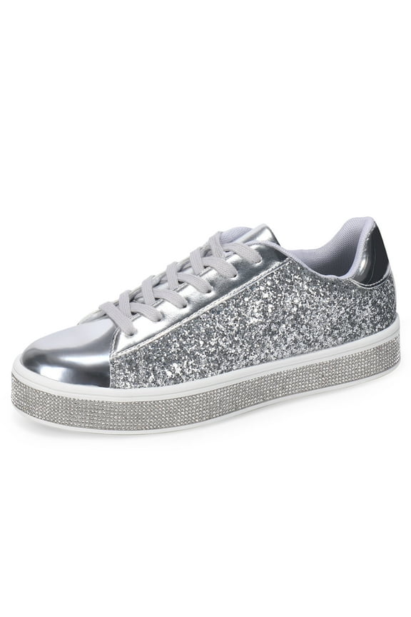Women's Glitter Tennis Sneakers Neon Dressy Sparkly Sneakers Rhinestone Bling Wedding Bridal Shoes Shiny Sequin Shoes Silver Size 6