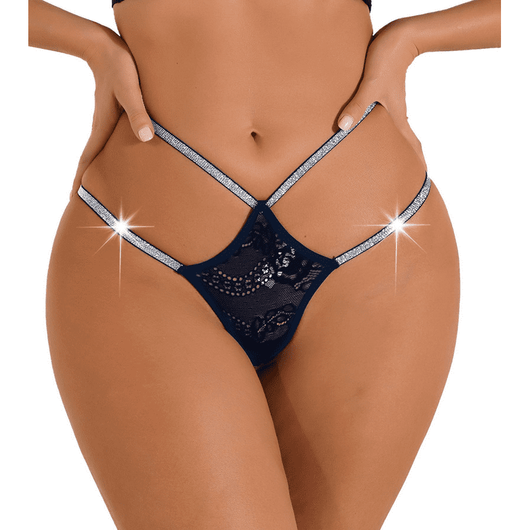 Women's Glitter Thong Sexy Strappy Lace Underwear Panties Navy Blue XS 