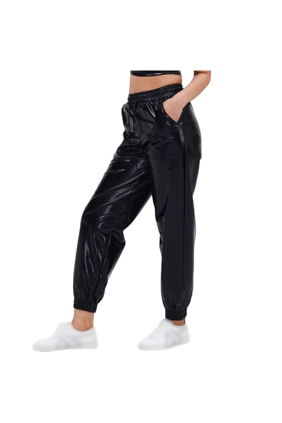 Women's Glitter Trousers, Glitzer Hose, Metallic Shiny Pants with Elastic Waistband, Disco Party Pants for Night Club, 70s 80s Retro Streetwear Jogging Bottoms Black L