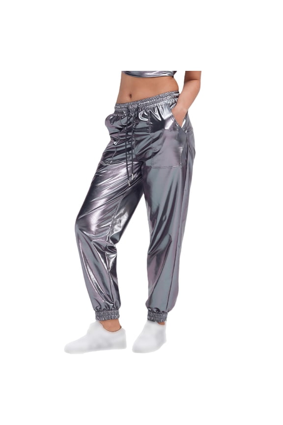 Women's Glitter Trousers, Glitzer Hose, Metallic Shiny Pants with Elastic Waistband, Disco Party Pants for Night Club, 70s 80s Retro Streetwear Jogging Bottoms Grey XXL