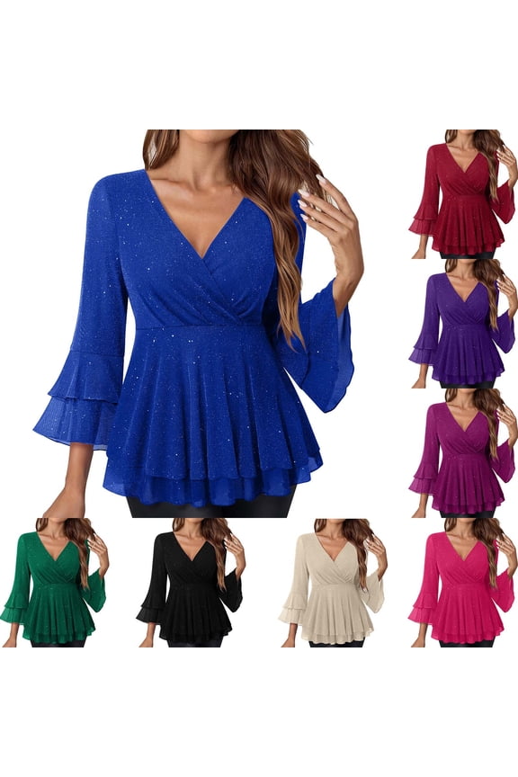 Women's Glittering Gold Mesh Top 3/4 Sleeves Elegant Dress Collar Double Layer Ruffled Blouse Shirt for Holiday Party Cocktail Night Out | CSEONE,Black L