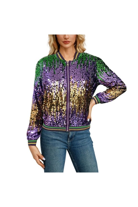 Women's Glittering Long Sleeve Zipper Jacket With Stand For Spring/Fall | Sequin Baseball Coat Cropped Denim Jacket Cropped Jacket plus Size Lightweight Denim Jacket for Women Summer Dress Jackets for