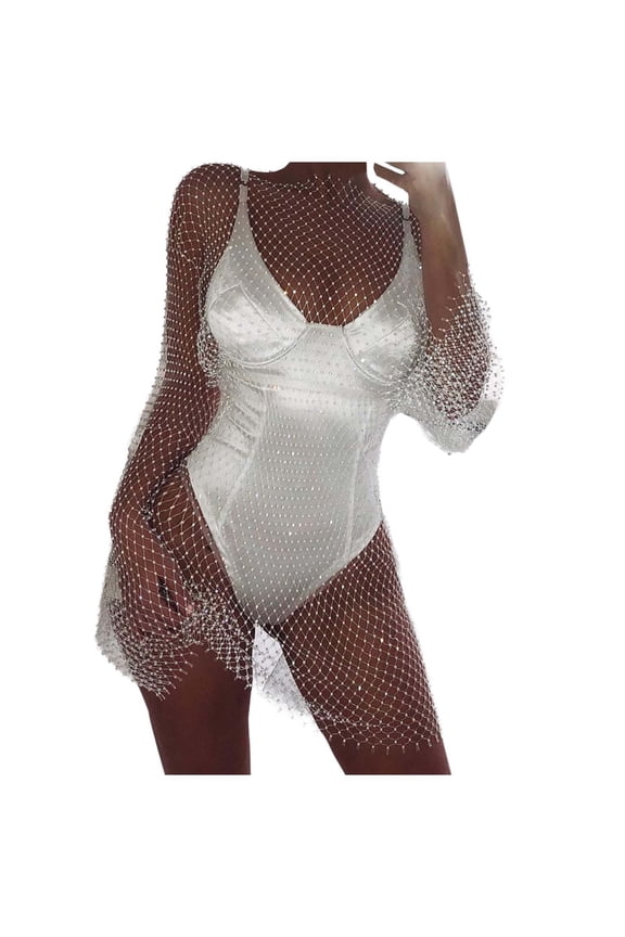 Women's Glittering Rhinestone Fishnet Cover Up Sexy See Through Mesh Beach Dress For Parties And Swimwear plus Size 5x Shirts with Lace for Women V Neck Short Sleeve Women Womens Tops Long Sleeve