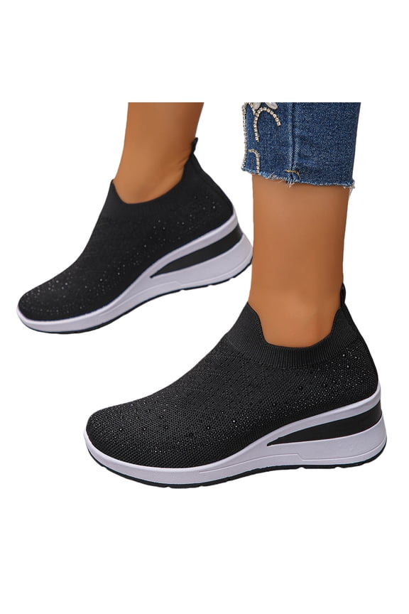 Women's Glittery Rhinestone Fashion Breathable Wedge Sneakers Wedding Sneaker for Bride Embellished Orthopedic Mesh Trainers,Black Size 43