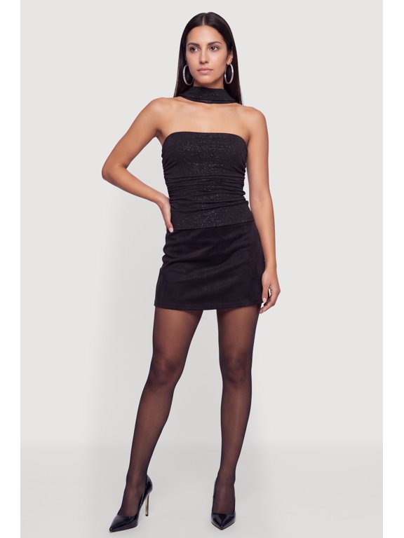 Women's Glittery Side Ruched Reverse Halter Top