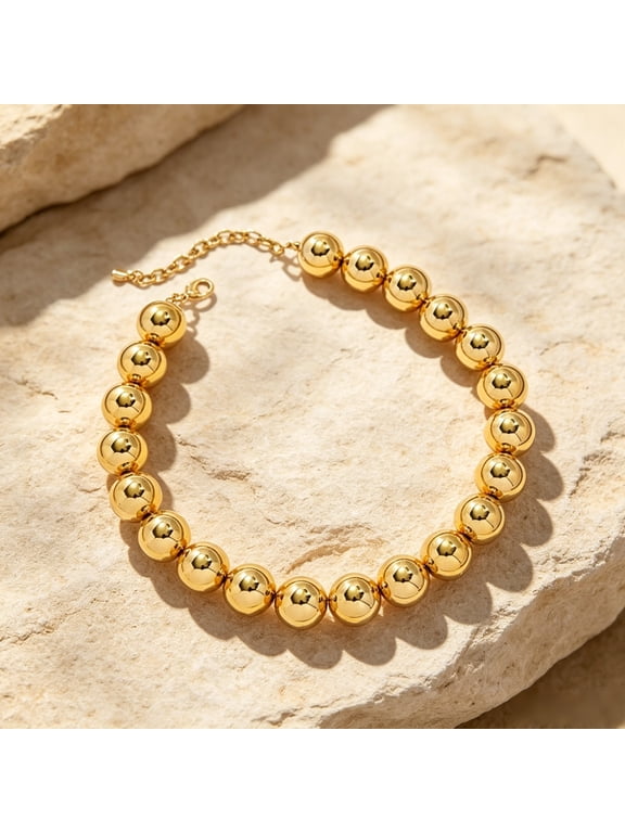 Womens Glossy Gold Tone Large Smooth Ball Beaded Statement Necklace, Chunky Metallic Choker with Adjustable Extender Chain, Trendy Fashion Accessory for Everyday Wear, Bridal Parties & Holiday Gifti