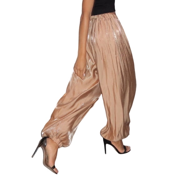 Women's Glossy Lantern Pants Spring Summer Street Fashion Low-Rise Cuffed-Hem Trousers with Fluid Champagne Color L