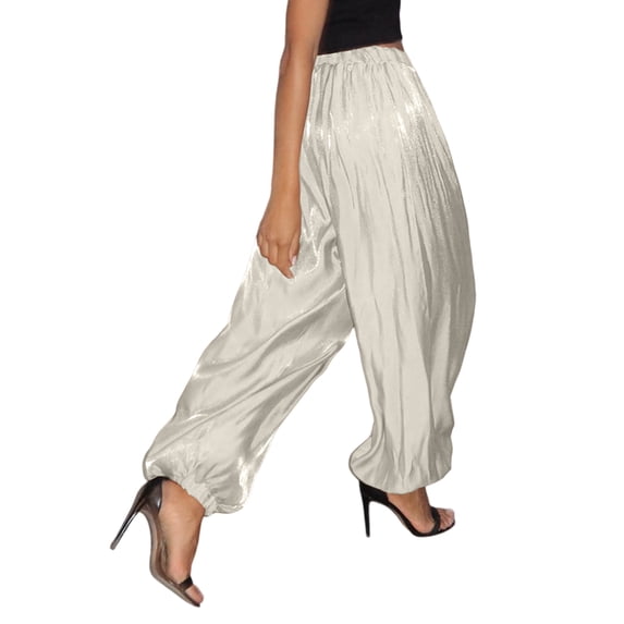 Women's Glossy Lantern Pants Spring Summer Street Fashion Low-Rise Cuffed-Hem Trousers with Fluid White S