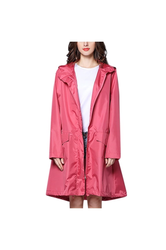 Women's Glossy Solid Hooded Raincoat Loose Fit Windproof Zipper Jacket Outdoor A-Line Windbreaker Coat for All Seasons