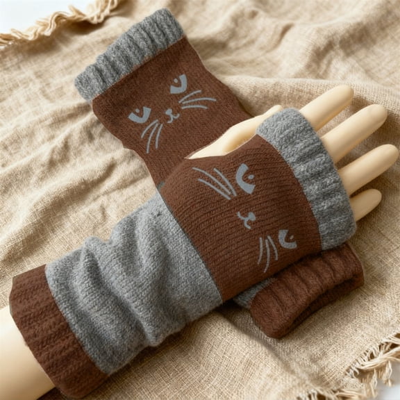 Women's Gloves Mittens Cat Embroidery Splicing Knitted Gloves Warm Gloves Fashion Leaky Finger Casual Women'S Glove,Brown