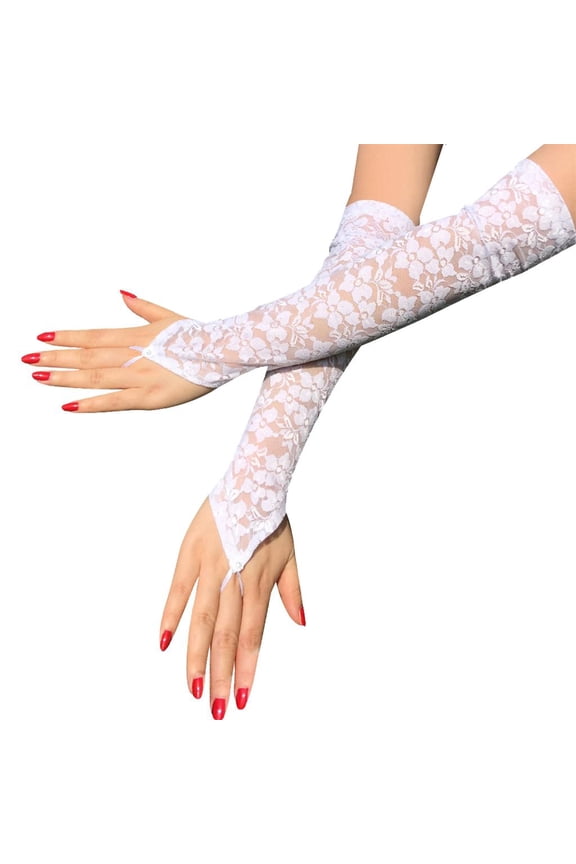 Women's Gloves Protection Long Lace Gloves Fingerless Elbow Length Lace Gloves for Party, Adult Size White
