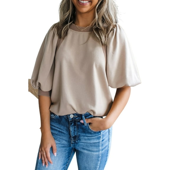 Women's Goat Half Lantern Sleeve Solid Colour Pullover Top - Elegant & Versatile | [ZhiHiMeRi] | (US 16-18)XL