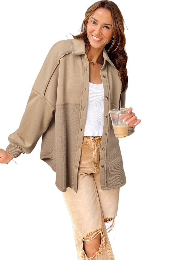 Women's Goat Mineral Wash Textured Patchwork Loose Fit Shacket - Vintage Inspired Casual Jacket - [ZhiHiMeRi] | (US 12-14)L