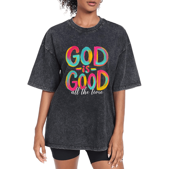 Women's "God is Good All the Time" Graphic Breathable Washed T-Shirt Casual Comfortable Black S-2XL Plus Size