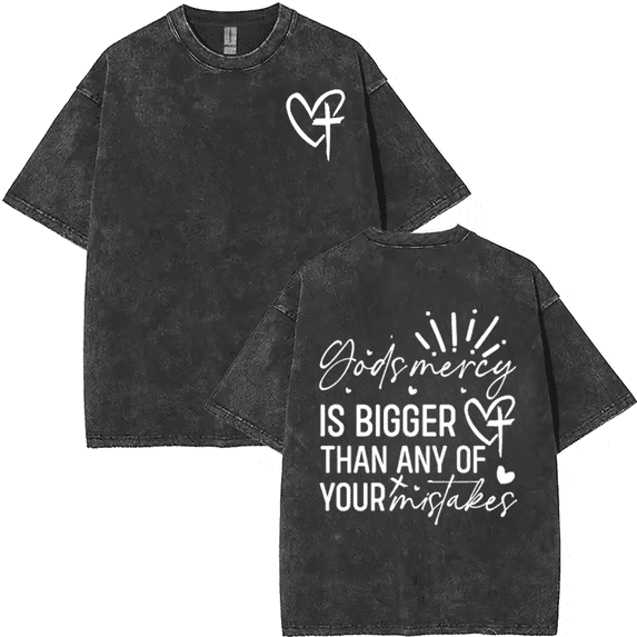 Women's "God's Mercy Is Bigger Than Any Of Your Mistakes" Graphic Washed T-Shirt Cotton Black S-2XL Plus Size