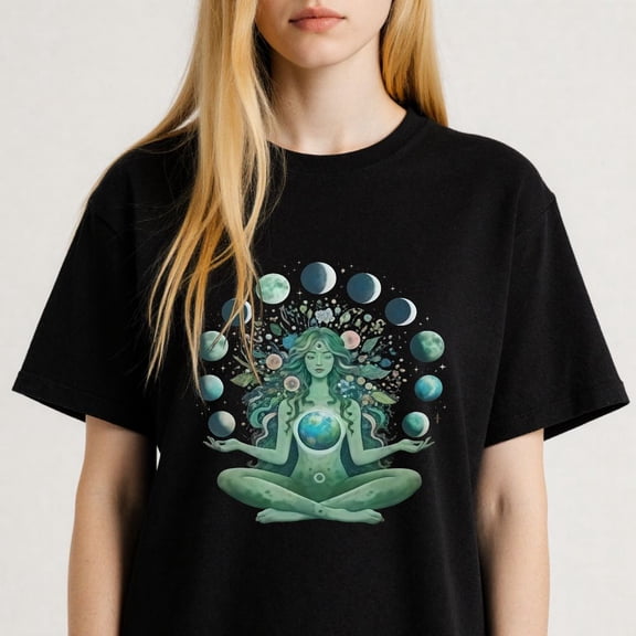 Women's Goddess in Meditation with Moon Phases and Nature T-Shirt S-4XL Mother's Day Gift
