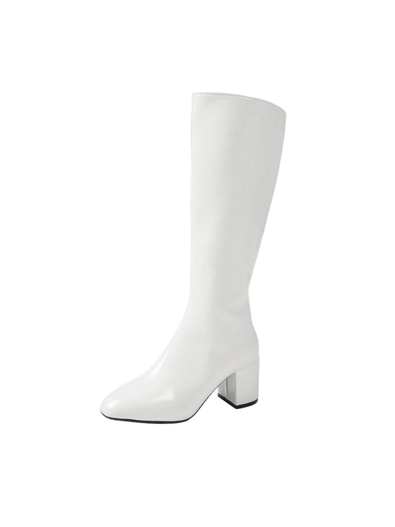 Women's Gogo Boots Knee High Chunky Block Heel Round Toe 60s 70s Disco Costume Boots Long Dressy Boots for Women Size 36-42 White