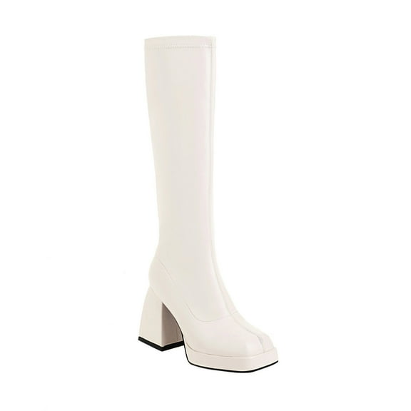 Women's Gogo Boots, Leather Waterproof Platform Knee High Boots Thigh Hight Square Toe High-heeled Boot Shoes