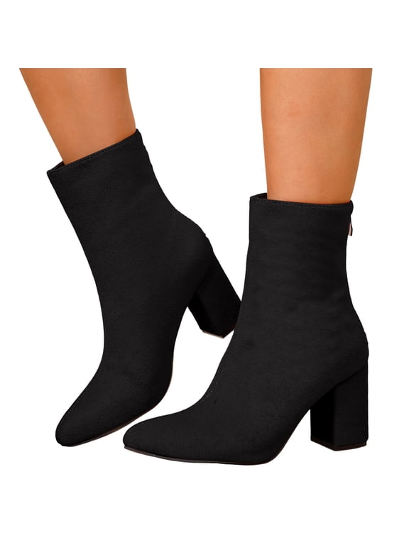 Women's Gogo Boots Mid Calf Block Heeled Pointed Toe Short Booties Solid Color 2026 Fall Fashion Ladies Party Dance Shoes