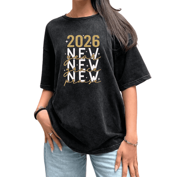 Women's Gold 2026 Cotton T-Shirt Casual Top Layered Grace Praise Graphic Comfortable Black S-2XL Plus Size