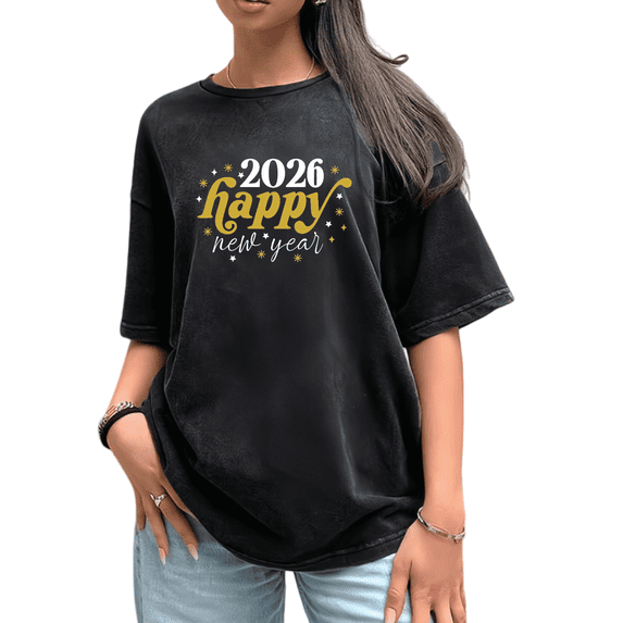 Women's Gold 2026 Happy New Year Breathable T-Shirt Casual Top Star Graphic Cotton Black S-2XL Plus Size