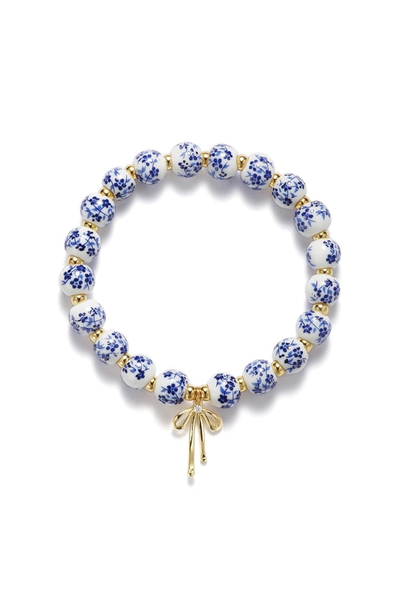 Women's Gold Beaded Bracelet - Floral Bow Charm Vintage Handmade Jewelry Gift for Her