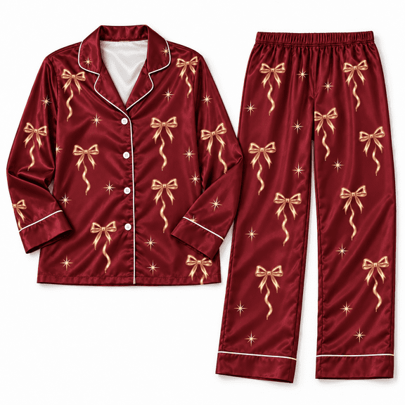 Women's Gold Bow Print Satin Pajama Set, Coquette Holiday Long Sleeve PJs