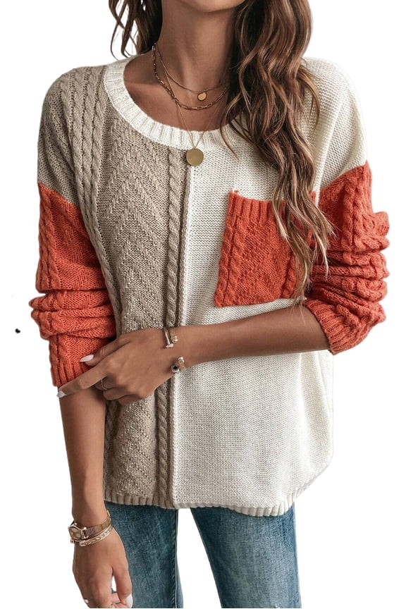 Women's Gold Flame Colorblock Patched Pocket Drop Shoulder Sweater