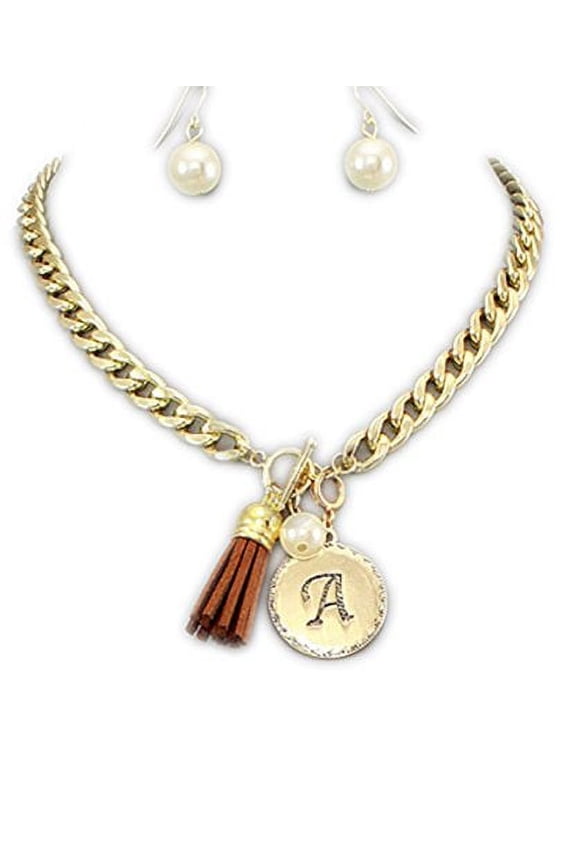 Women's Gold Front Toggle Initial Necklace and Earring Set with Brown Suede Tassle-A