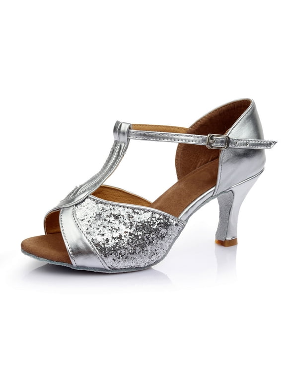 Women's Gold Glitter Latin Dance Shoes, T-Strap Open Toe Heels, Professional Salsa Ballroom Performance Footwear for Wedding, Party Silver 36