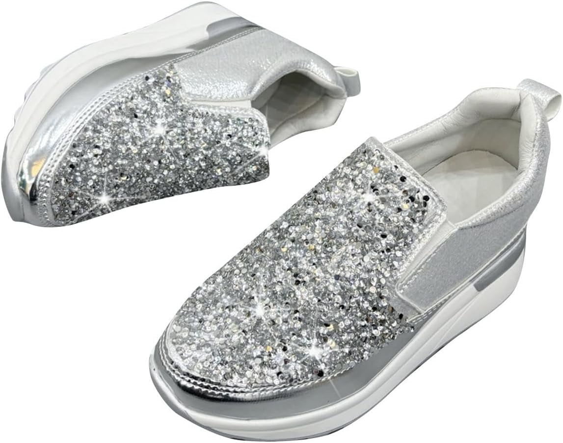 Women's Gold Glitter Sparkly Sneakers Sequins Lace Up Platform Wedge Ladies Casual Comfortable