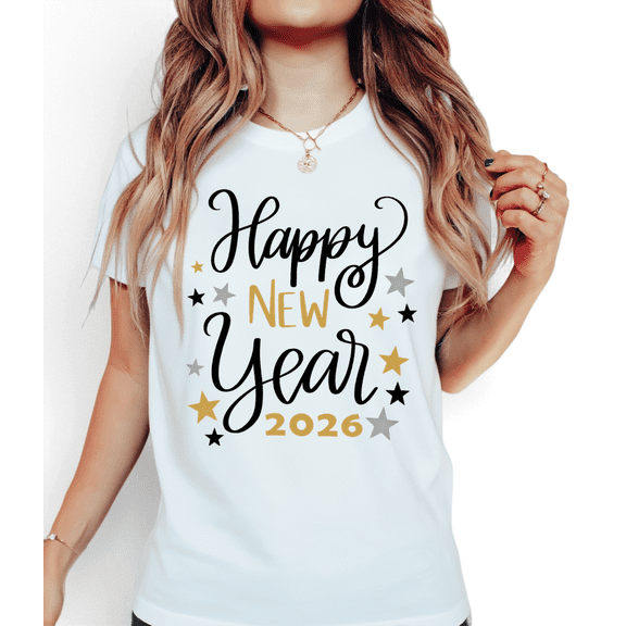 Women's Gold Happy New Year 2026 Cotton T-Shirt Casual Top Stylish Star Graphic Short Sleeve Round Neck White S-5XL