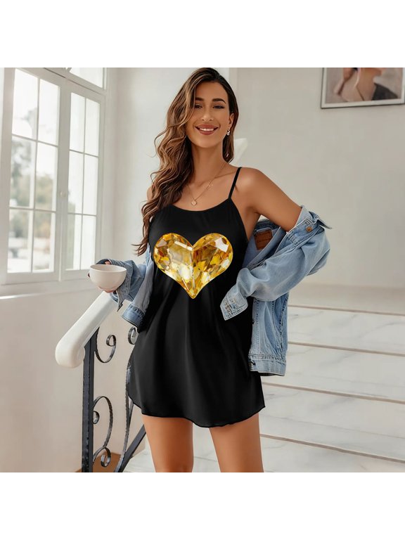 Women's Gold Heart Graphic Cami Nightgown, Spaghetti Strap Sleeveless Sleep Dress