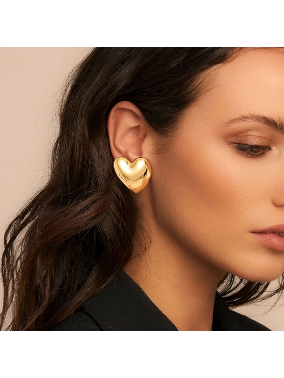 Women's Gold Heart Studs Earrings, 14K Gold Plated Trendy Personality Big Studs Earring, Stainless Steel Hypoallergenic Ear Rings Jewelry for Her