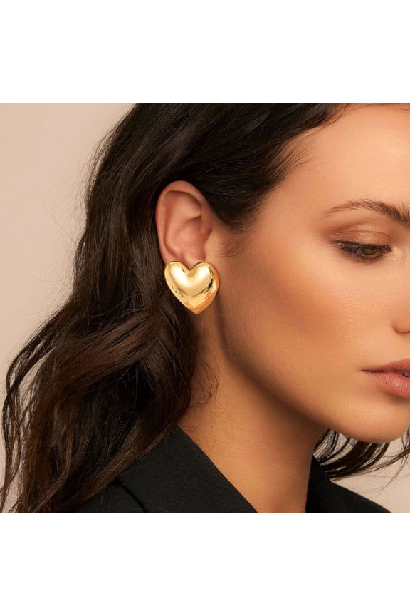 Women's Gold Heart Studs Earrings, 14K Gold Plated Trendy Personality Big Studs Earring, Stainless Steel Hypoallergenic Ear Rings Jewelry for Her
