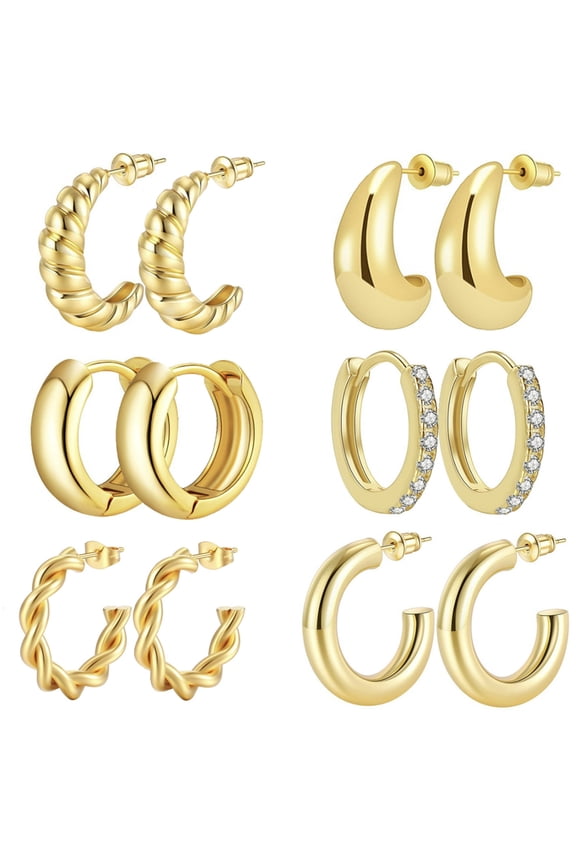 Women's Gold Hoop Earrings Set 6 pairs of 18K Gold Plated Lightweight Hypoallergenic Thick Open Hoop Jewelry Gifts