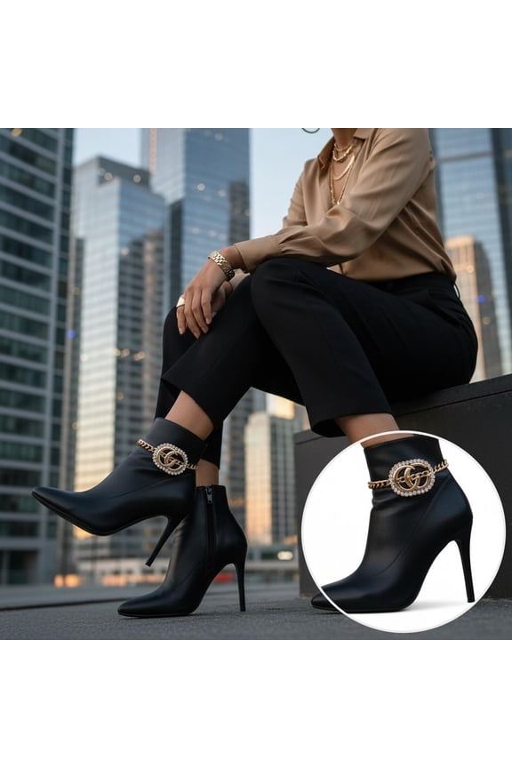 Womens Gold Metal Boot Chain Bracelet Bling C Charm Shoe Anklet Set Western Fashion Jewelry Accessory A PAIR 11"-15" BC14