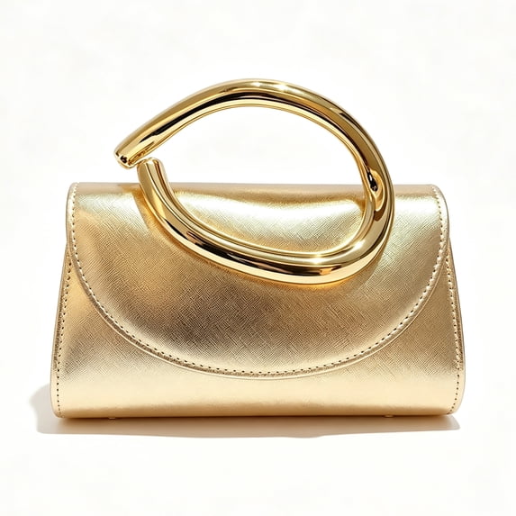 Women’s Gold Metallic Clutch Purse, Evening Bag with Sculptural Ring Handle