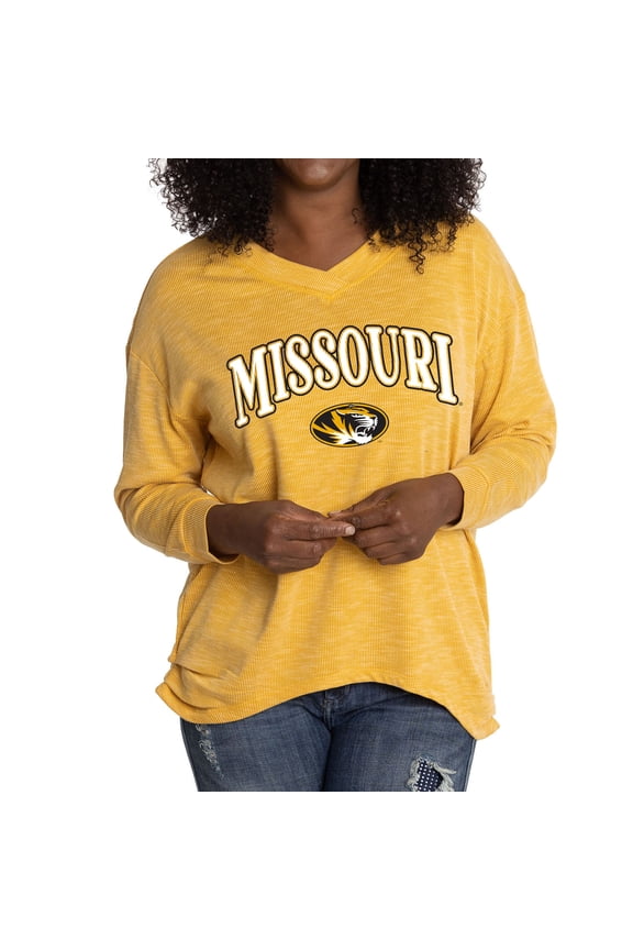 Women's Gold Missouri Tigers Oversized Bailey Long Sleeve V-Neck Tri-Blend Tunic