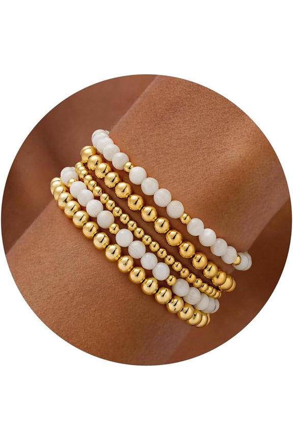 Women's Gold Pearl Bracelet Set, 14K Gold-Plated Turquoise Cross Minimalist Stackable Jewelry Gift