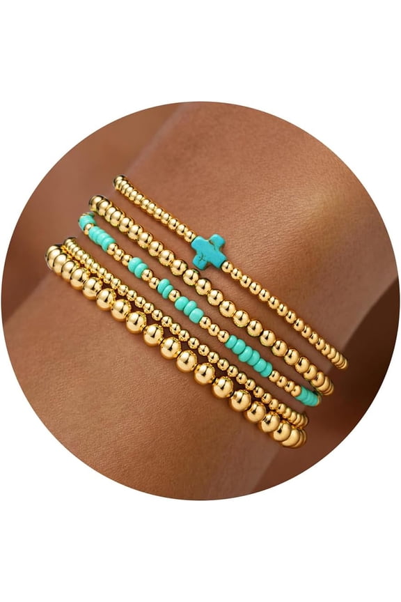 Women's Gold Pearl Bracelet Set, 14K Gold-Plated Turquoise Cross Minimalist Stackable Jewelry Gift