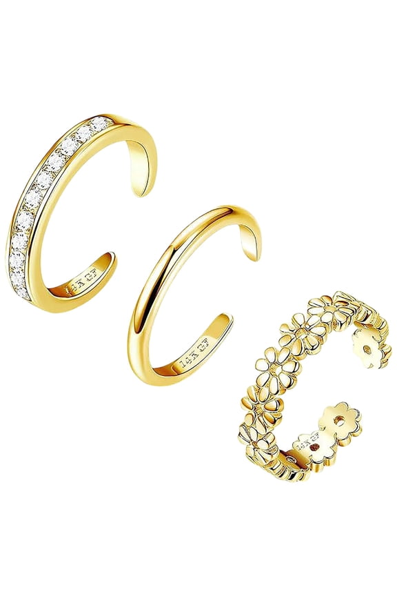 Women's Gold Plated Zirconia Flower Toe Ring Set Adjustable Stackable Foot Jewelry For Daily Wear Party And Beach 3PCS