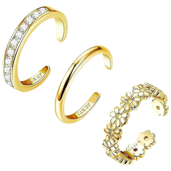 Women's Gold Plated Zirconia Flower Toe Ring Set Adjustable Stackable Foot Jewelry For Daily Wear Party And Beach 3PCS